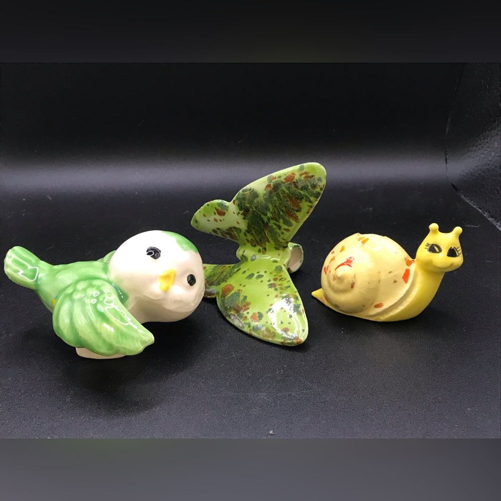 Lot of 3 Vintage Springtime Bird Butterfly Snail Ceramic Macrame Beads Craft